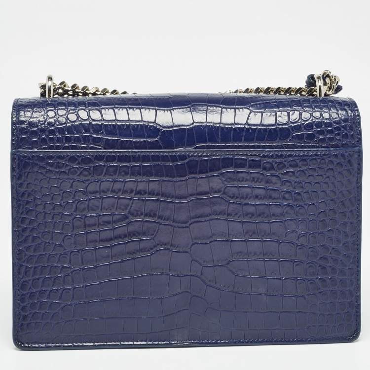 مملوكة مسبقًا Saint Laurent Blue Croc Embossed Leather Medium Sunset Shoulder Bag