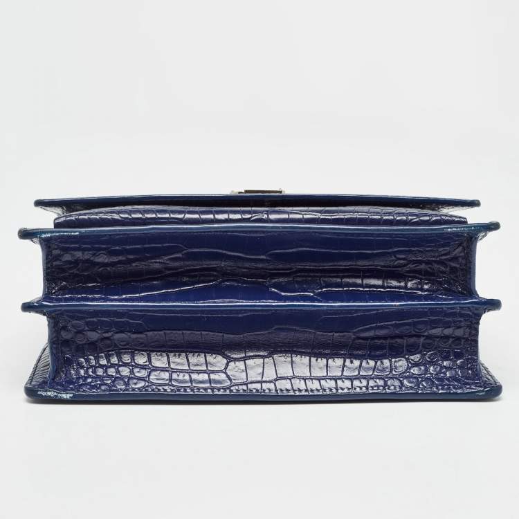 مملوكة مسبقًا Saint Laurent Blue Croc Embossed Leather Medium Sunset Shoulder Bag