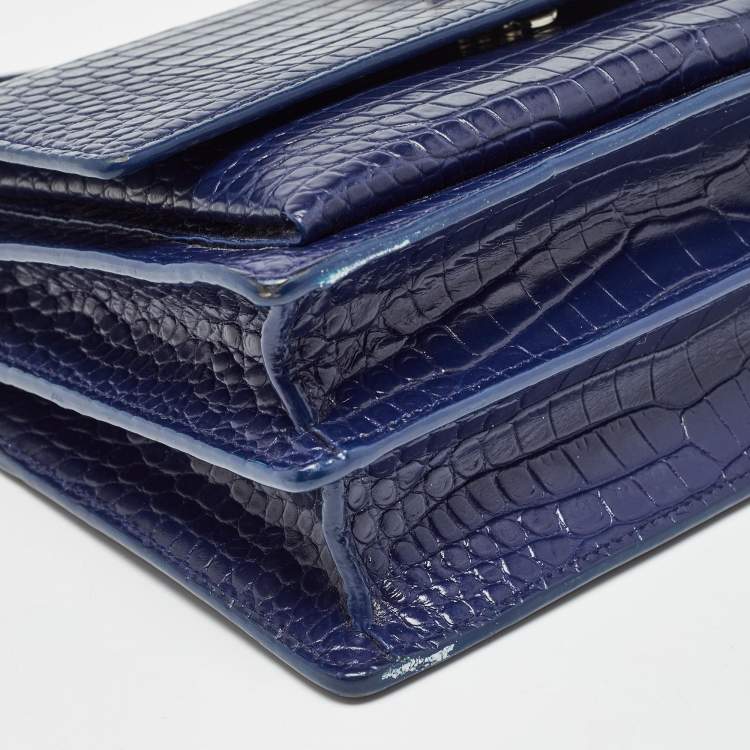 مملوكة مسبقًا Saint Laurent Blue Croc Embossed Leather Medium Sunset Shoulder Bag