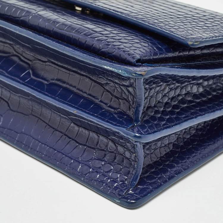 مملوكة مسبقًا Saint Laurent Blue Croc Embossed Leather Medium Sunset Shoulder Bag