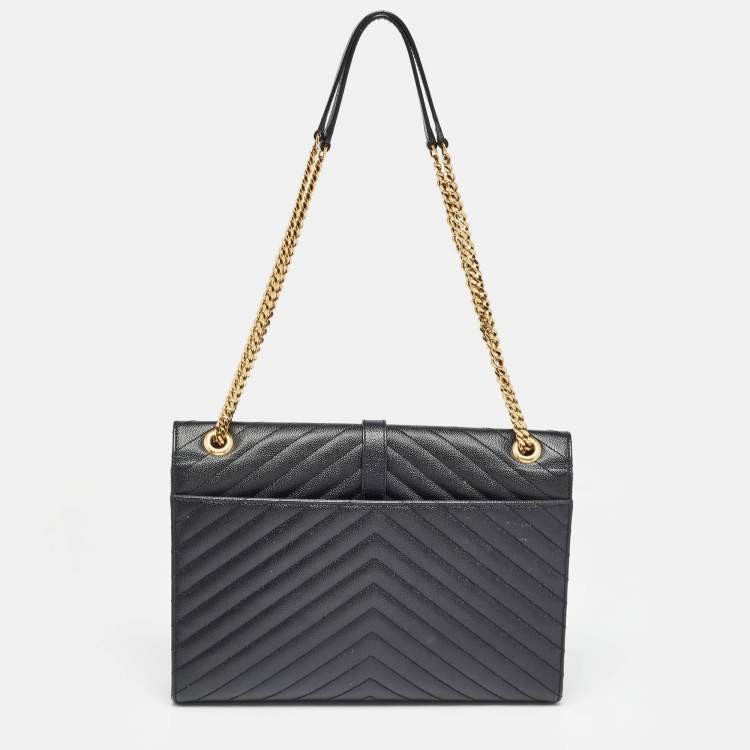 Pre Owned Saint Laurent Black Matelasse Leather Large Monogram Envelope Shoulder Bag