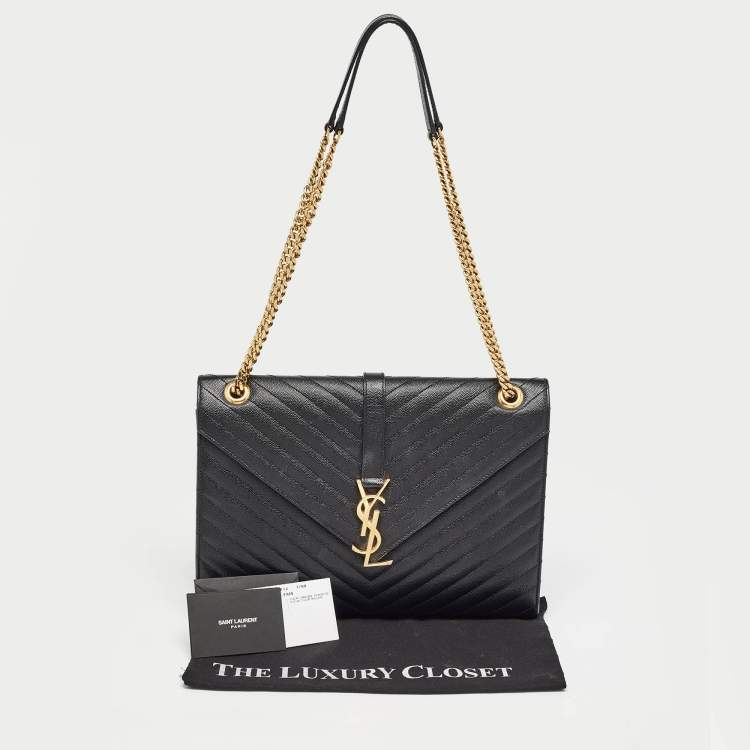 Pre Owned Saint Laurent Black Matelasse Leather Large Monogram Envelope Shoulder Bag