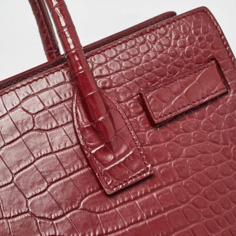 Pre Owned Saint Laurent Burgundy Croc Embossed Leather Baby Classic Sac De Jour Tote