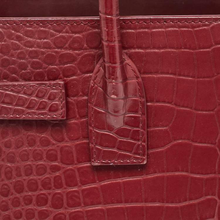 Pre Owned Saint Laurent Burgundy Croc Embossed Leather Baby Classic Sac De Jour Tote
