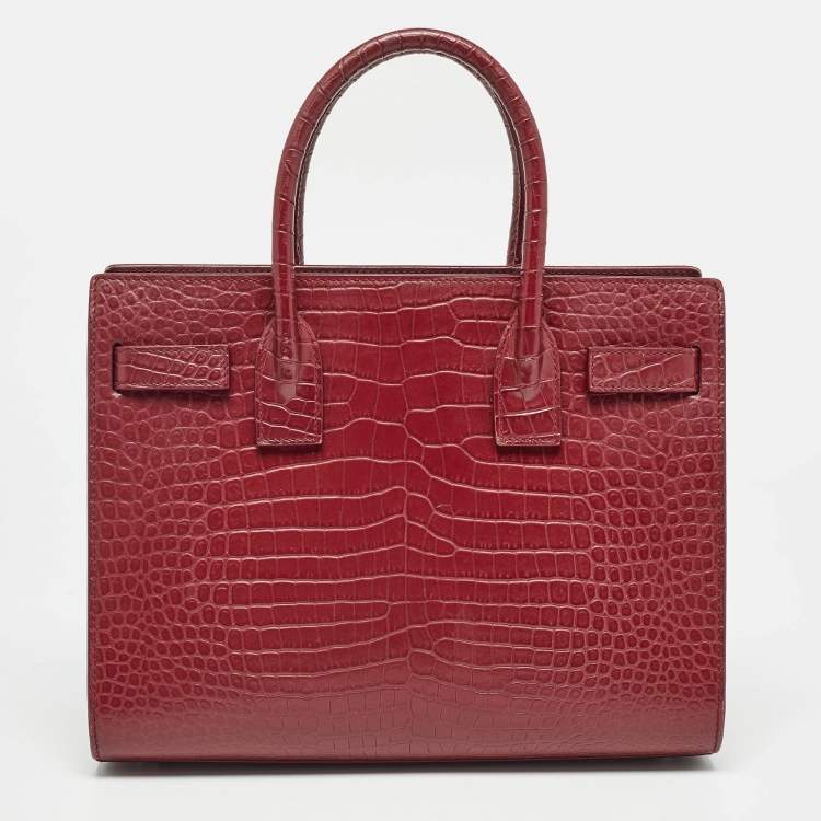 Pre Owned Saint Laurent Burgundy Croc Embossed Leather Baby Classic Sac De Jour Tote