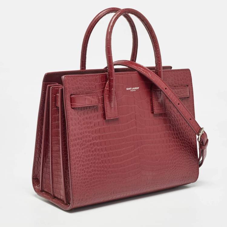 Pre Owned Saint Laurent Burgundy Croc Embossed Leather Baby Classic Sac De Jour Tote