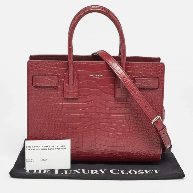 Pre Owned Saint Laurent Burgundy Croc Embossed Leather Baby Classic Sac De Jour Tote