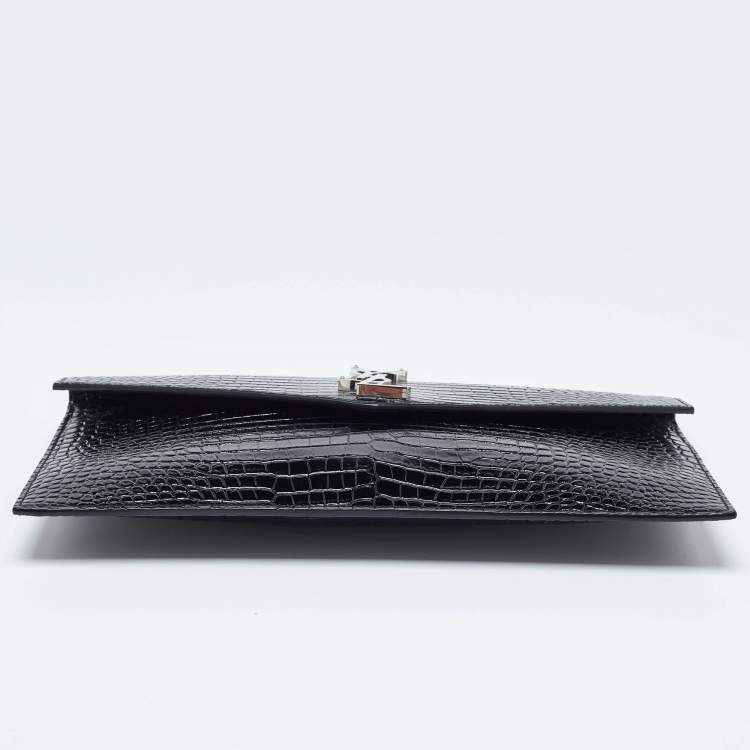 مملوكة مسبقًا Saint Laurent Black Shine Croc Embossed Leather Medium Uptown Pouch
