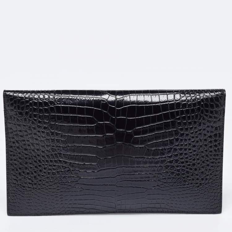 مملوكة مسبقًا Saint Laurent Black Shine Croc Embossed Leather Medium Uptown Pouch