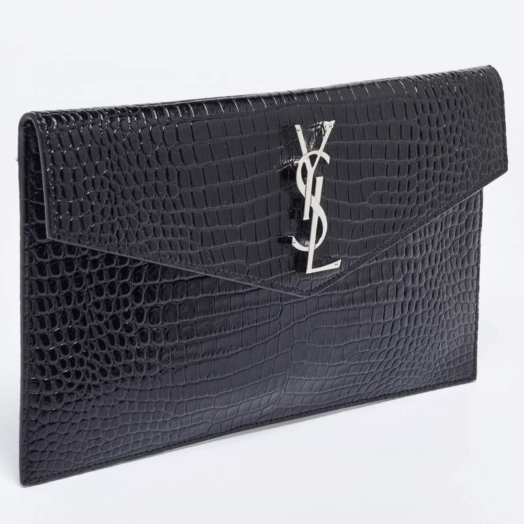 مملوكة مسبقًا Saint Laurent Black Shine Croc Embossed Leather Medium Uptown Pouch
