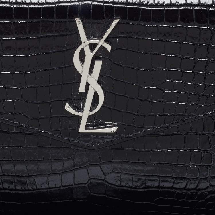 مملوكة مسبقًا Saint Laurent Black Shine Croc Embossed Leather Medium Uptown Pouch