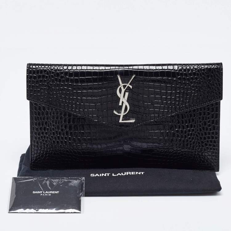 مملوكة مسبقًا Saint Laurent Black Shine Croc Embossed Leather Medium Uptown Pouch