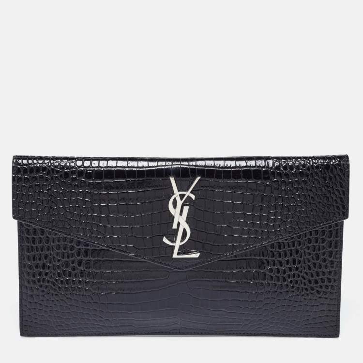 مملوكة مسبقًا Saint Laurent Black Shine Croc Embossed Leather Medium Uptown Pouch
