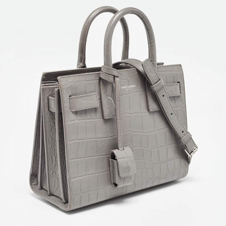 Pre Owned Saint Laurent Grey Croc Embossed Leather Nano Classic Sac De Jour Tote