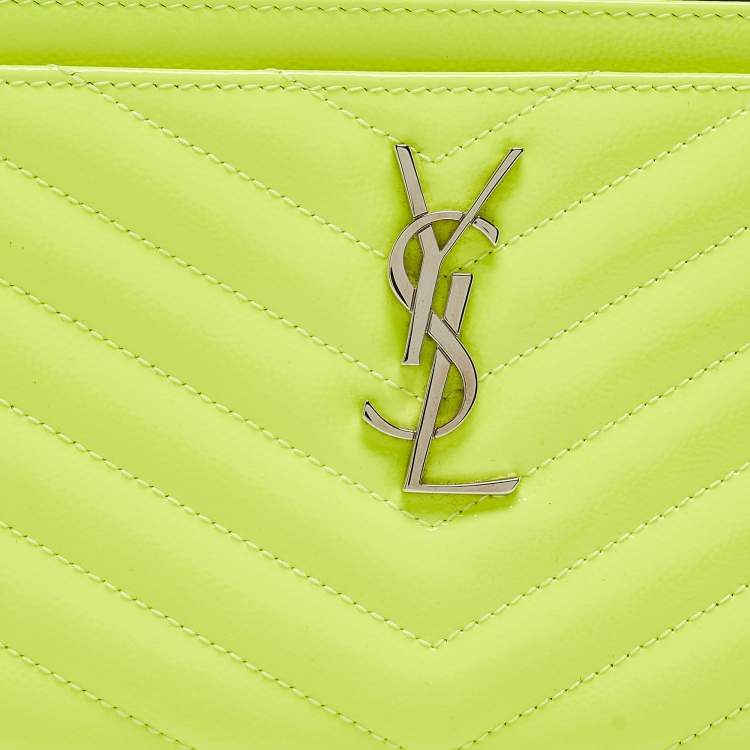 Pre Owned Saint Laurent Neon Yellow Matelasse Patent Leather Monogram Bill Pouch