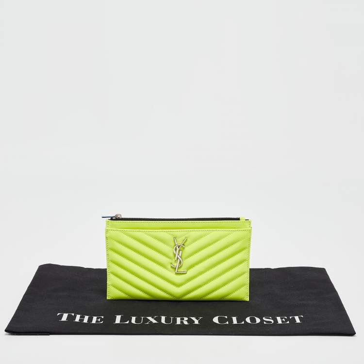 Pre Owned Saint Laurent Neon Yellow Matelasse Patent Leather Monogram Bill Pouch