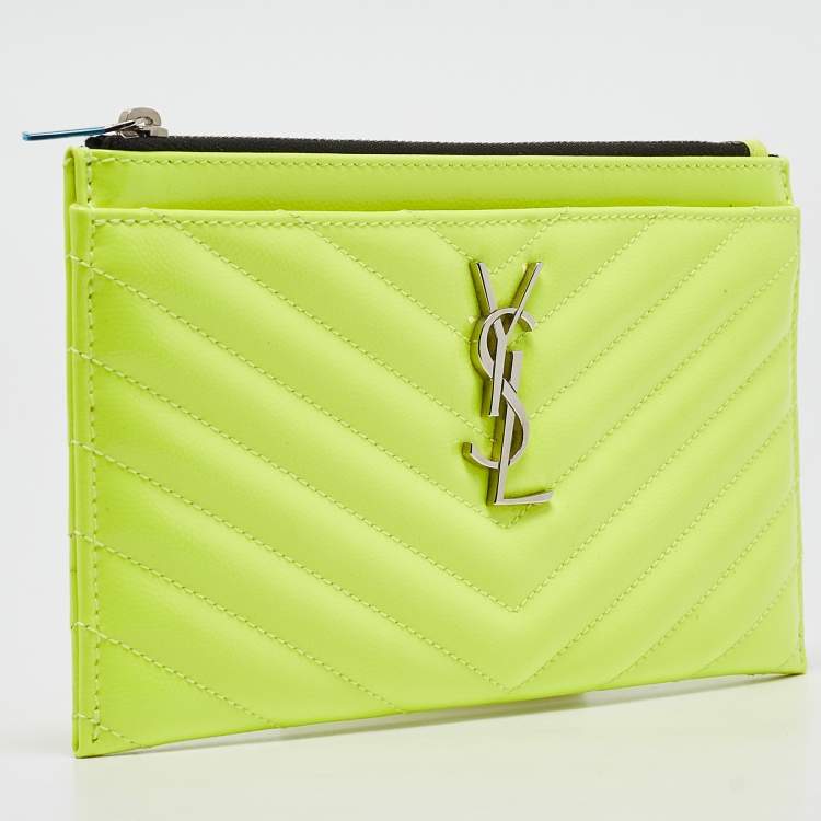 Pre Owned Saint Laurent Neon Yellow Matelasse Patent Leather Monogram Bill Pouch