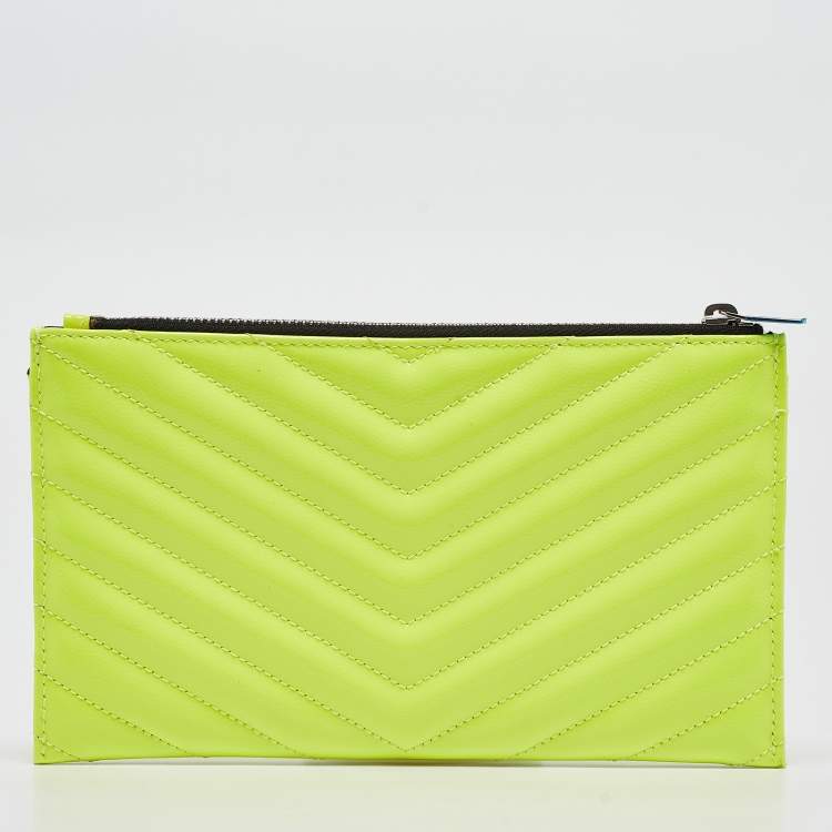 Pre Owned Saint Laurent Neon Yellow Matelasse Patent Leather Monogram Bill Pouch