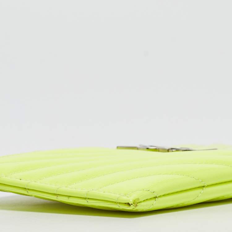 Pre Owned Saint Laurent Neon Yellow Matelasse Patent Leather Monogram Bill Pouch