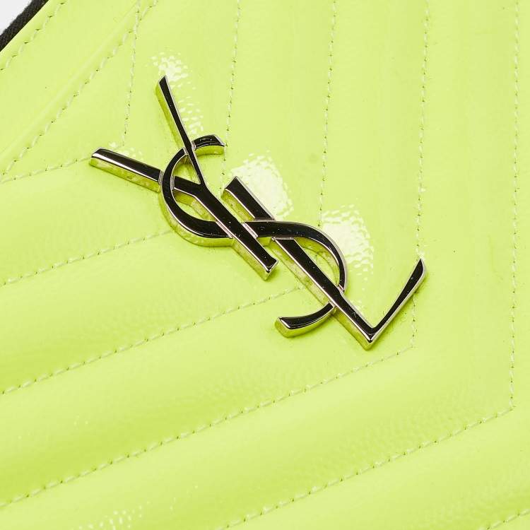 Pre Owned Saint Laurent Neon Yellow Matelasse Patent Leather Monogram Bill Pouch