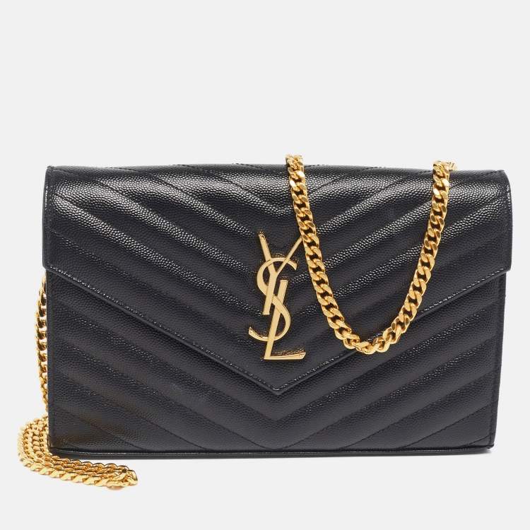 مملوكة مسبقًا Saint Laurent Black Matelassé Leather Monogram Envelope Wallet on Chain