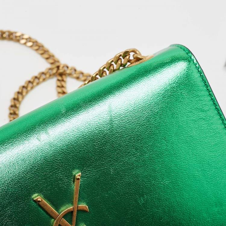 Pre Owned Saint Laurent Green Patent Leather New Small Kate Wallet On Chain