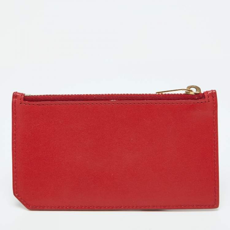 Pre Owned Saint Laurent Red Leather Zip Card Case