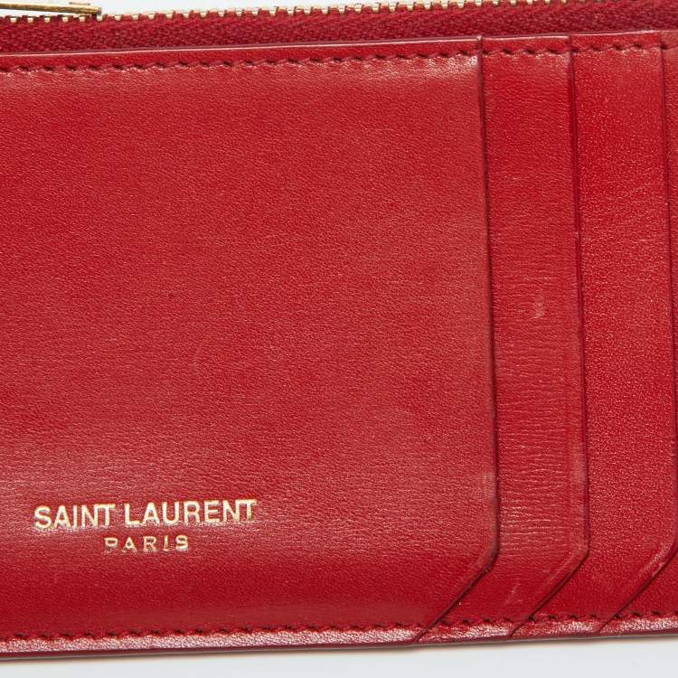 Pre Owned Saint Laurent Red Leather Zip Card Case