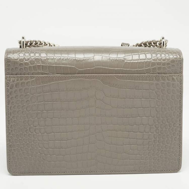Pre Owned Saint Laurent Grey Croc Embossed Leather Medium Sunset Shoulder Bag