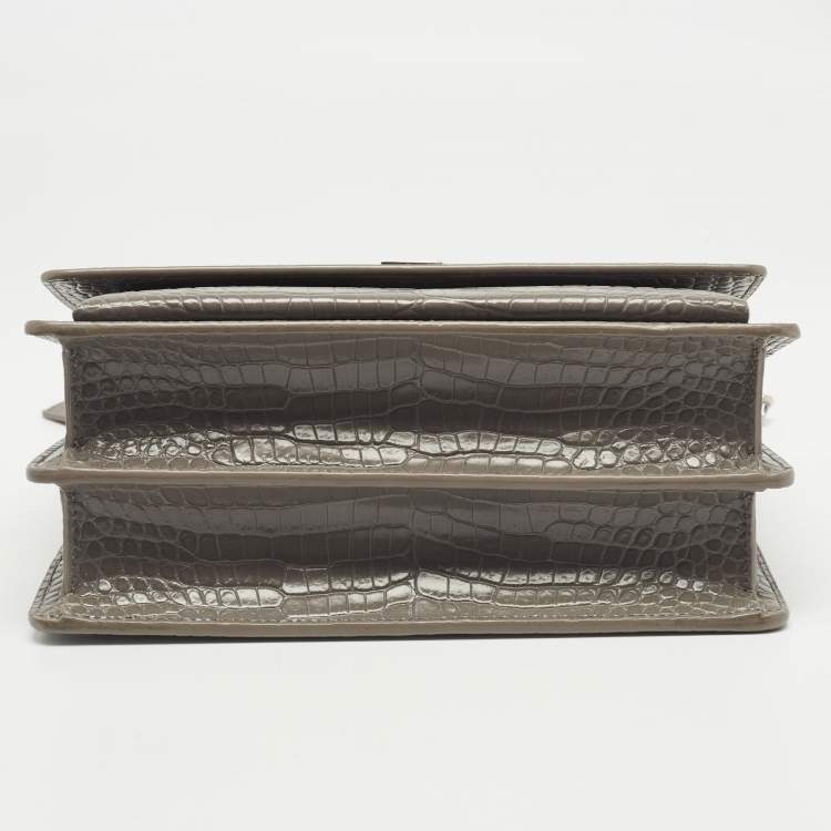 Pre Owned Saint Laurent Grey Croc Embossed Leather Medium Sunset Shoulder Bag