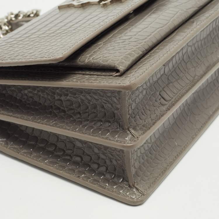 Pre Owned Saint Laurent Grey Croc Embossed Leather Medium Sunset Shoulder Bag