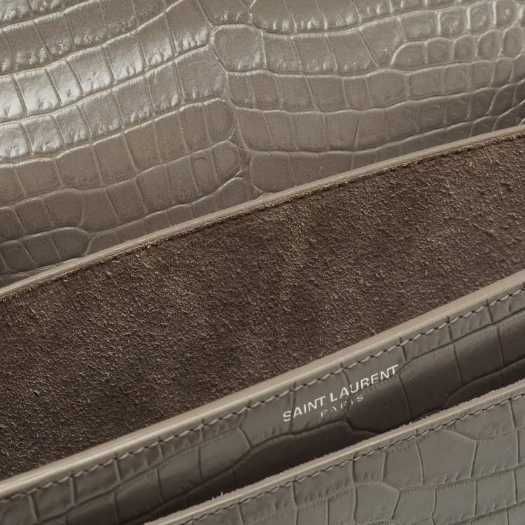 Pre Owned Saint Laurent Grey Croc Embossed Leather Medium Sunset Shoulder Bag