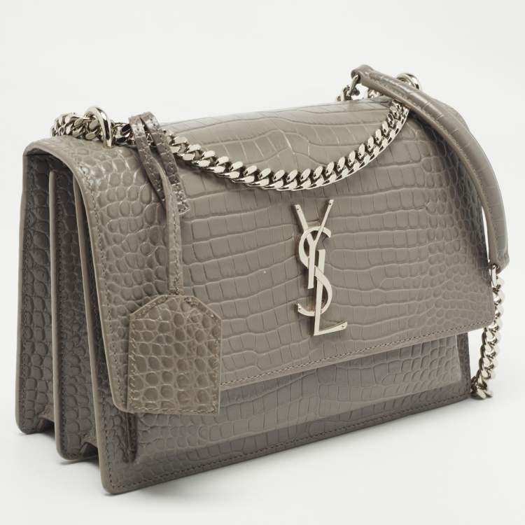 Pre Owned Saint Laurent Grey Croc Embossed Leather Medium Sunset Shoulder Bag