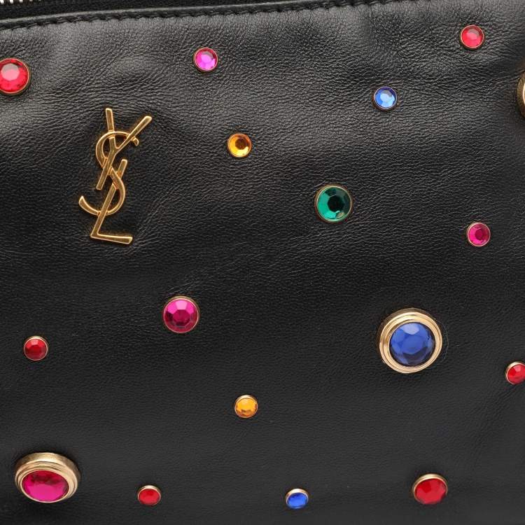 Pre Owned Saint Laurent Black Leather Monogram Embellished Belt Bag