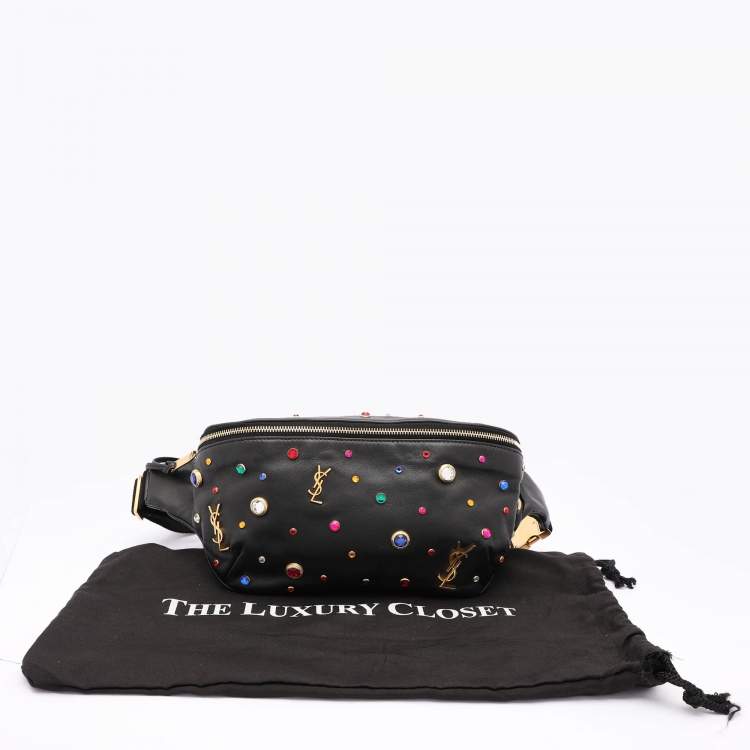 Pre Owned Saint Laurent Black Leather Monogram Embellished Belt Bag