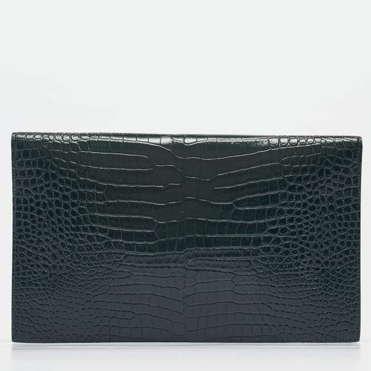 Pre Owned Saint Laurent Green Croc Embossed Leather Uptown Pouch