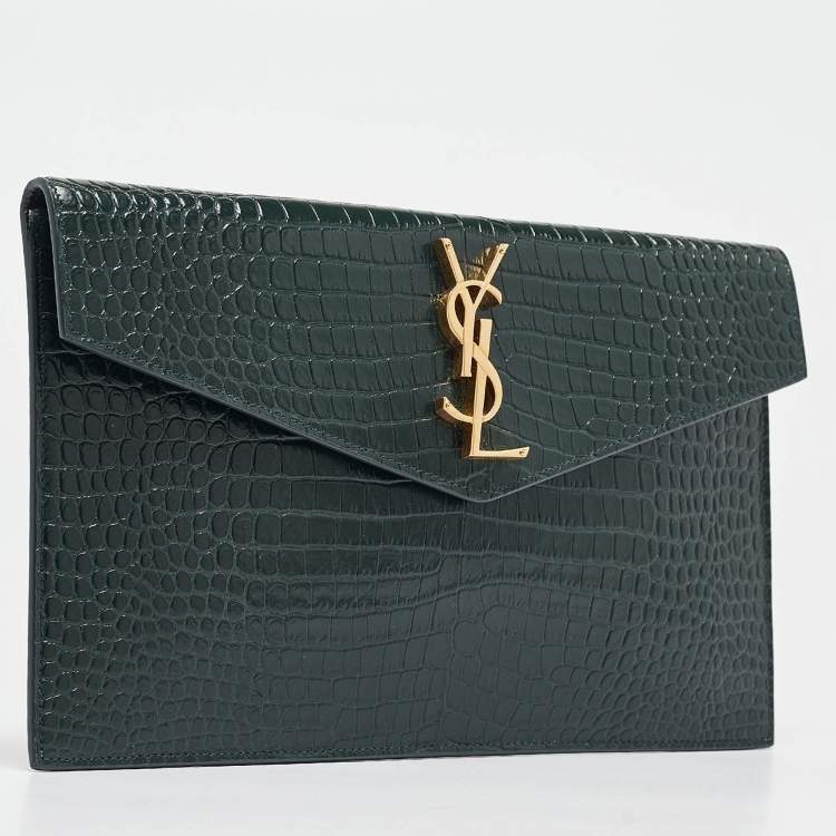 Pre Owned Saint Laurent Green Croc Embossed Leather Uptown Pouch