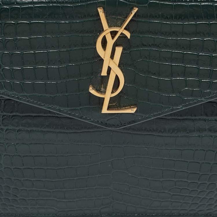 Pre Owned Saint Laurent Green Croc Embossed Leather Uptown Pouch