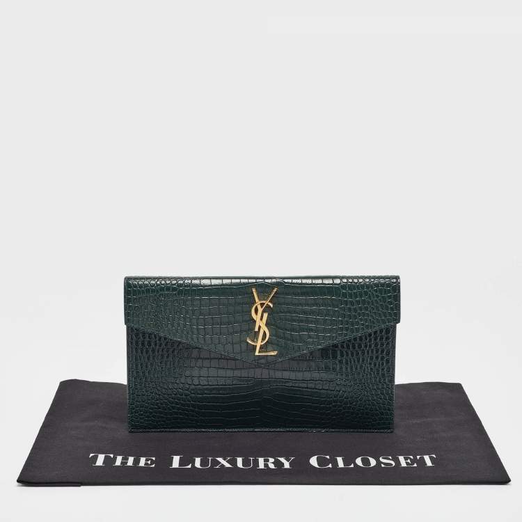 Pre Owned Saint Laurent Green Croc Embossed Leather Uptown Pouch