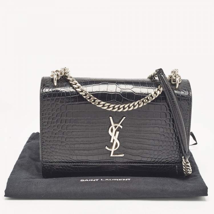 Pre Owned Saint Laurent Black Croc Embossed Leather Medium Sunset Shoulder Bag