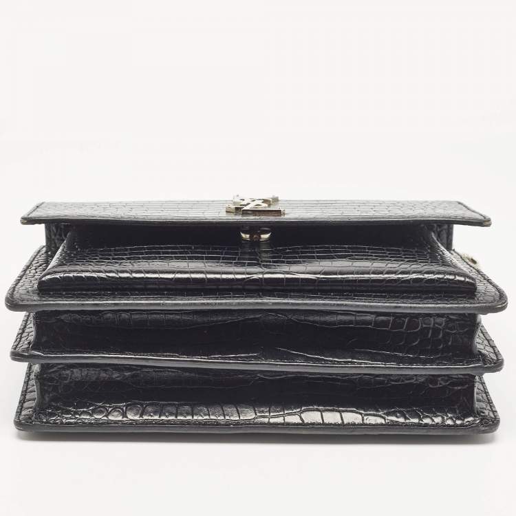 Pre Owned Saint Laurent Black Croc Embossed Leather Medium Sunset Shoulder Bag