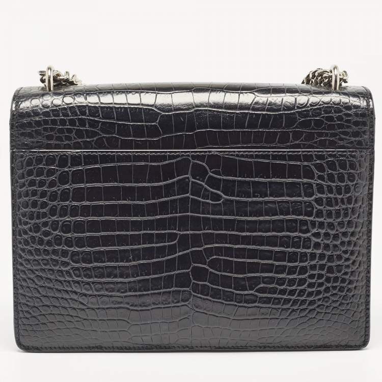 Pre Owned Saint Laurent Black Croc Embossed Leather Medium Sunset Shoulder Bag