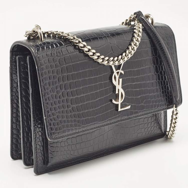 Pre Owned Saint Laurent Black Croc Embossed Leather Medium Sunset Shoulder Bag
