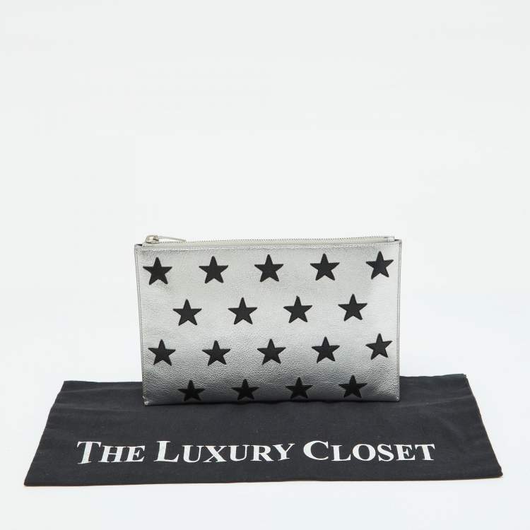 مملوكة مسبقًا Saint Laurent Silver Star Leather Zip Pouch 