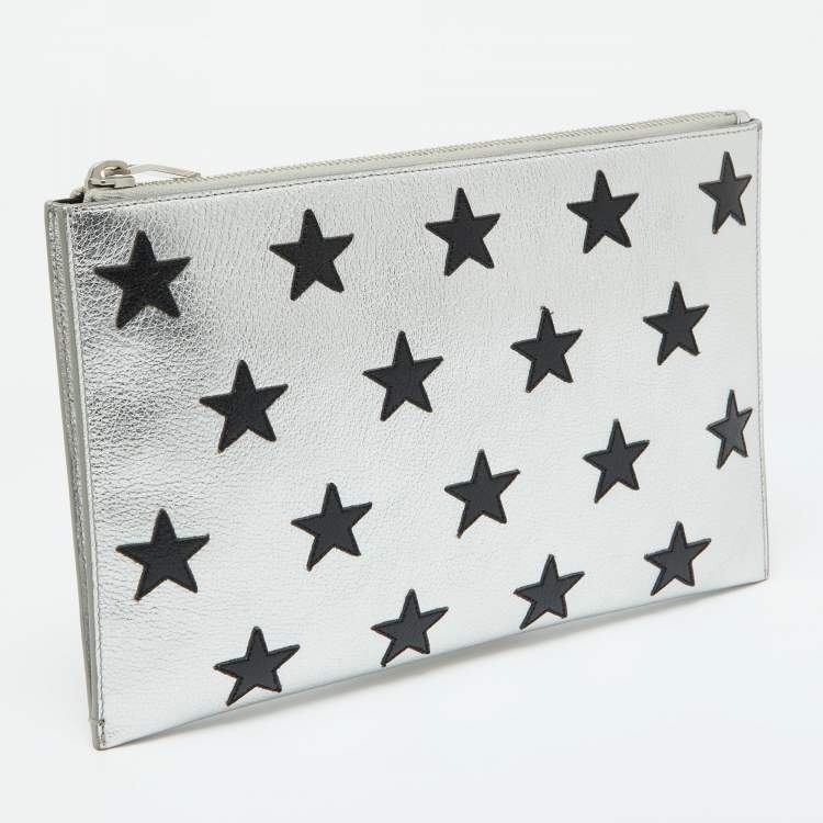 مملوكة مسبقًا Saint Laurent Silver Star Leather Zip Pouch 