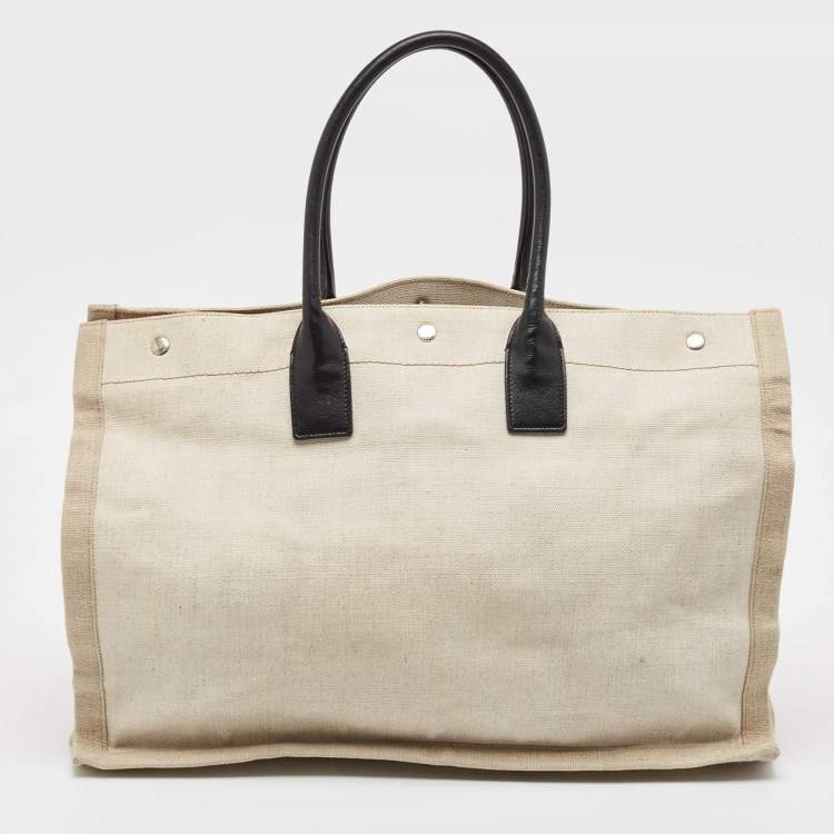 Pre Owned Saint Laurent Off White/Beige Canvas and Leather Rive Gauche Tote