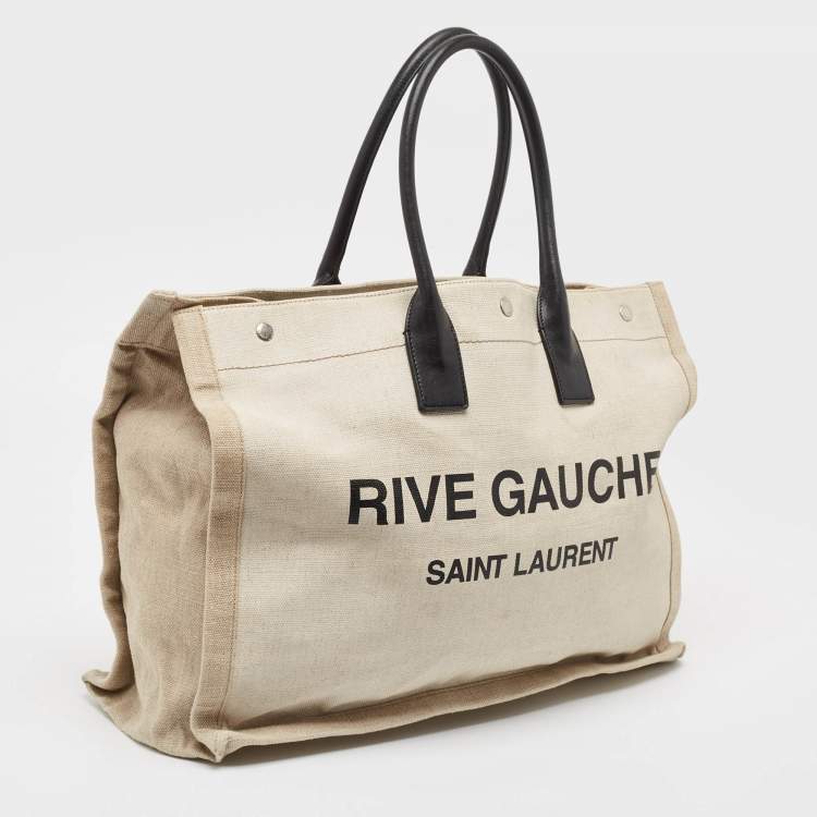 Pre Owned Saint Laurent Off White/Beige Canvas and Leather Rive Gauche Tote