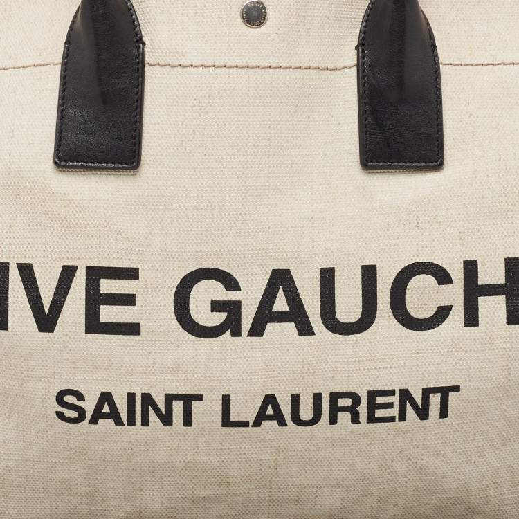 Pre Owned Saint Laurent Off White/Beige Canvas and Leather Rive Gauche Tote