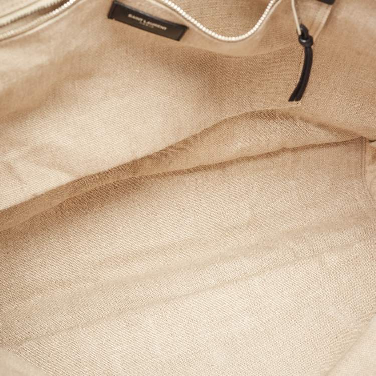 Pre Owned Saint Laurent Off White/Beige Canvas and Leather Rive Gauche Tote
