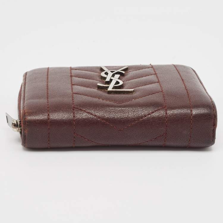 Pre Owned Saint Laurent Burgundy Leather Monogram Zip Around Wallet